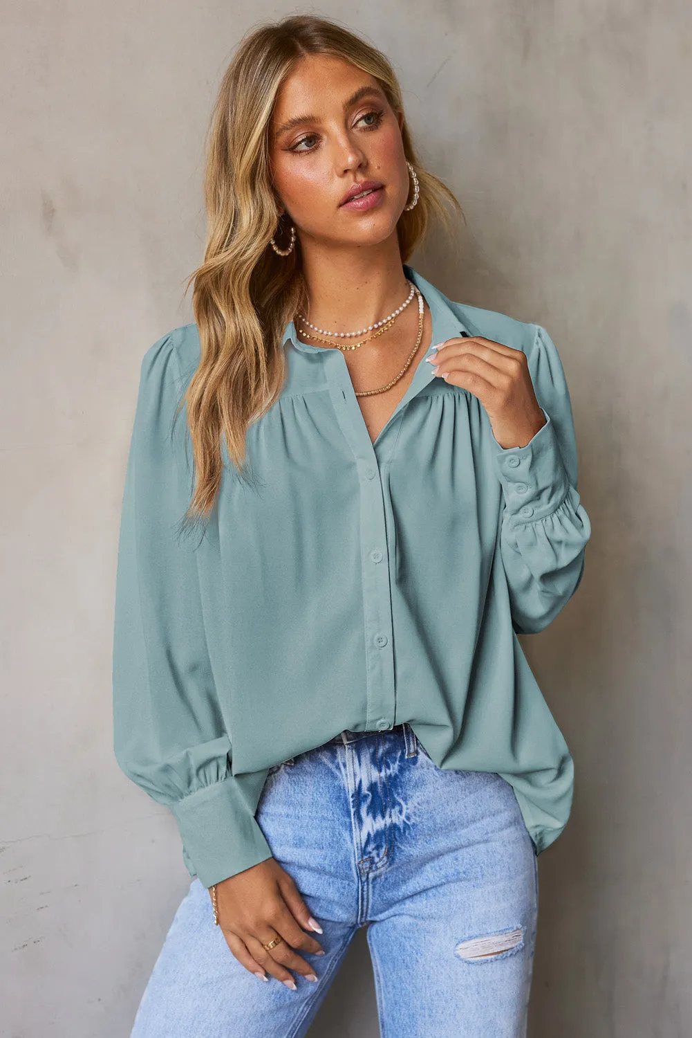 Khaki Solid Button-up Loose Long Sleeve Shirt