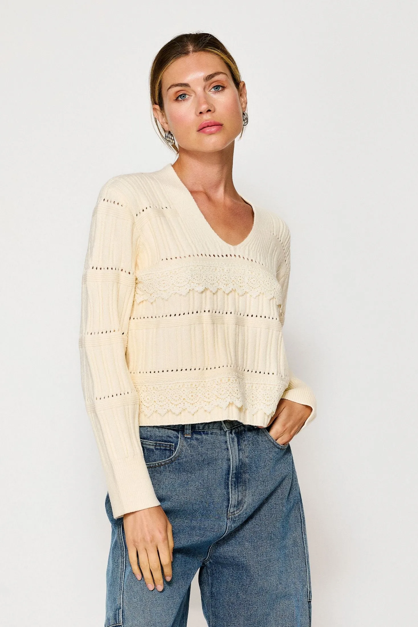 lace trim vneck sweater