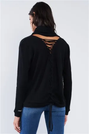 Lace Up Tie Back Detail Turtleneck Top