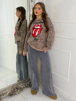 Leopard Print Lips Print Jumper - Beige