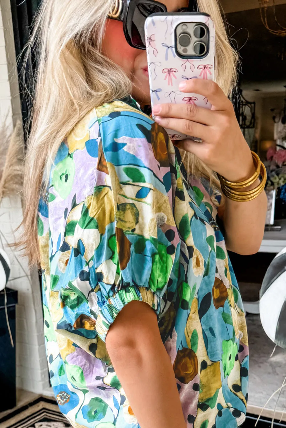 Light Blue Floral Print Slit V Neck Short Sleeve Blouse
