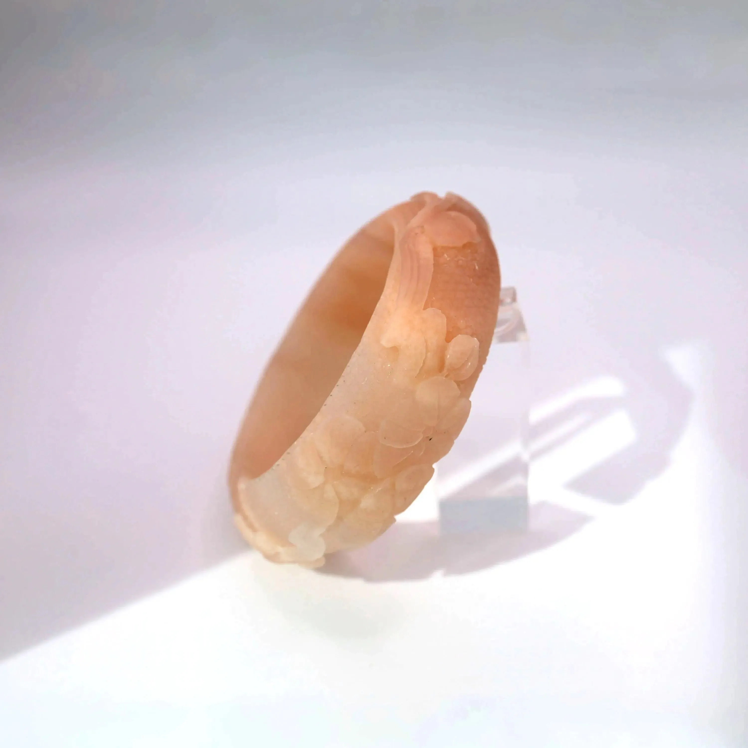 Lotus Leaf Jewelry – Hand-Carved Mongolian Jade Bangle in Peach Blush