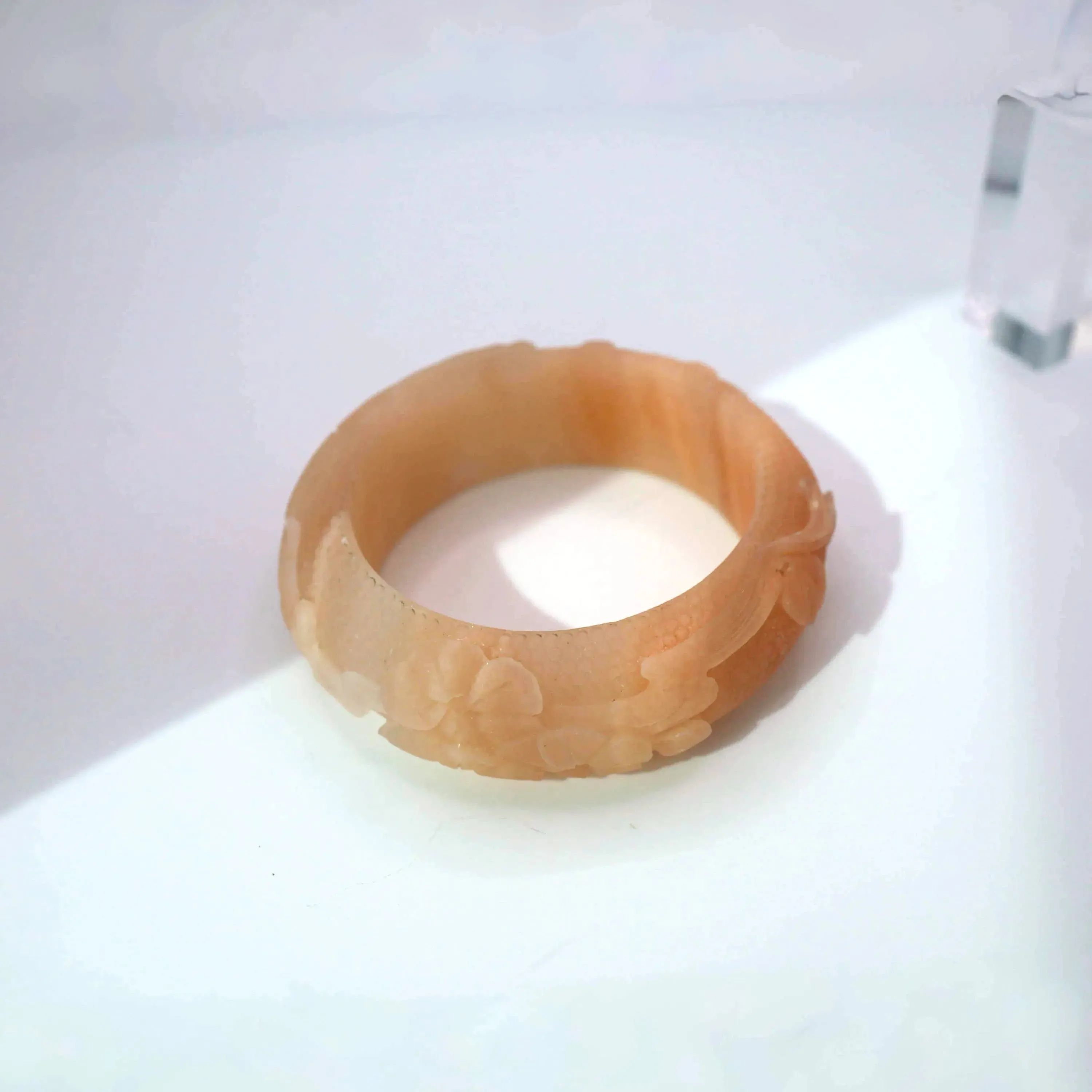 Lotus Leaf Jewelry – Hand-Carved Mongolian Jade Bangle in Peach Blush