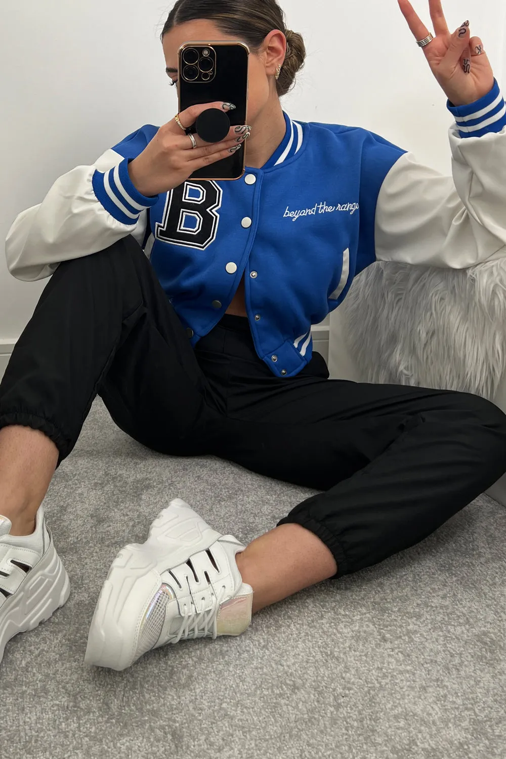 Macy Blue Slogan Cropped Varsity Jacket