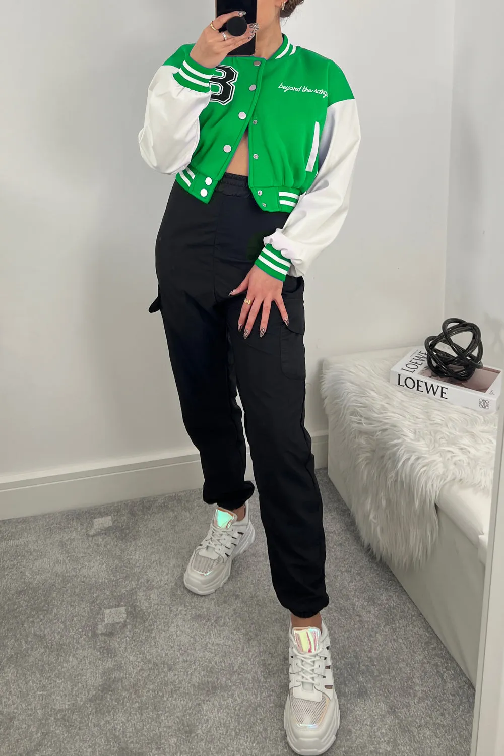 Macy Green Slogan Cropped Varsity Jacket