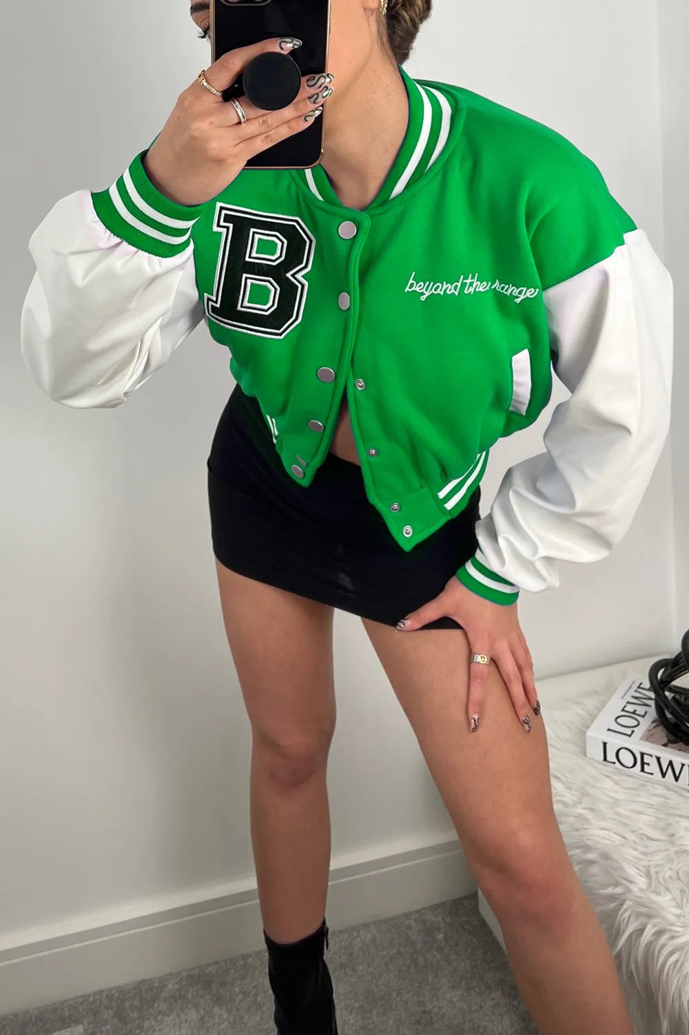 Macy Green Slogan Cropped Varsity Jacket