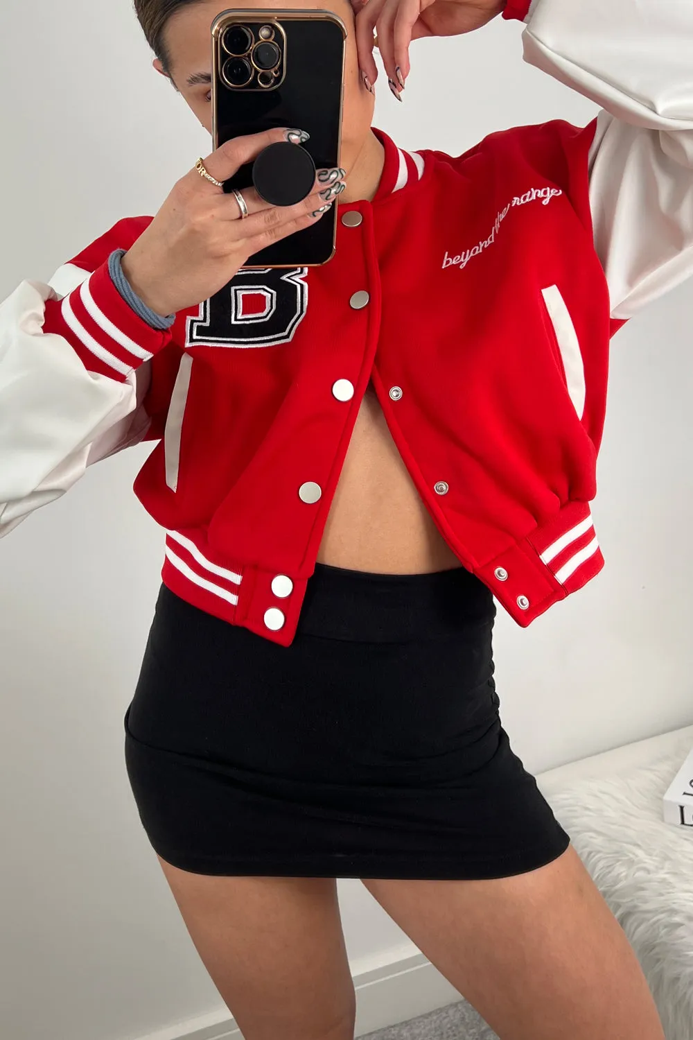 Macy Red Slogan Cropped Varsity Jacket