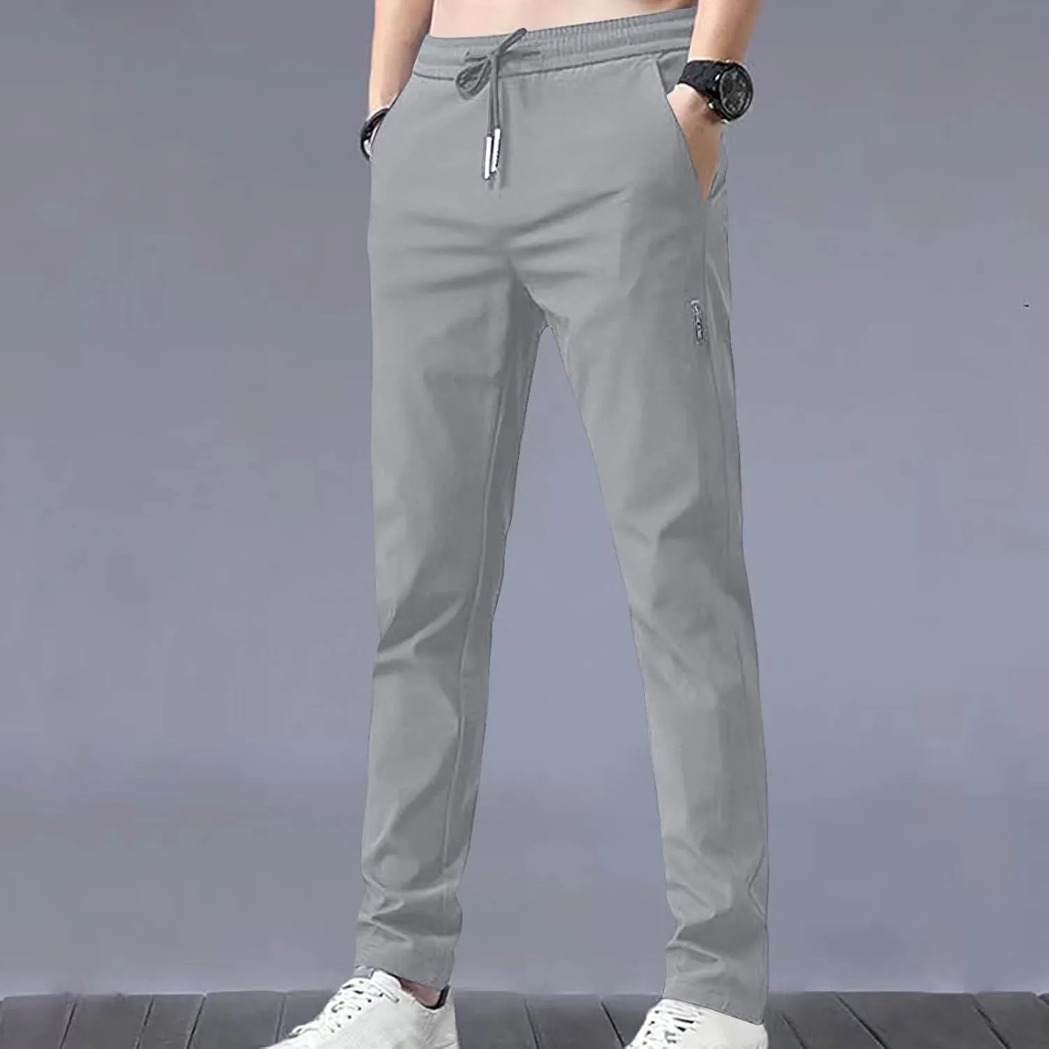 Men Slim Fit Straight Leg Pants Casual Elastic High Waist Lounge Pant Stylish Solid Athletic Workout Sport Trouser