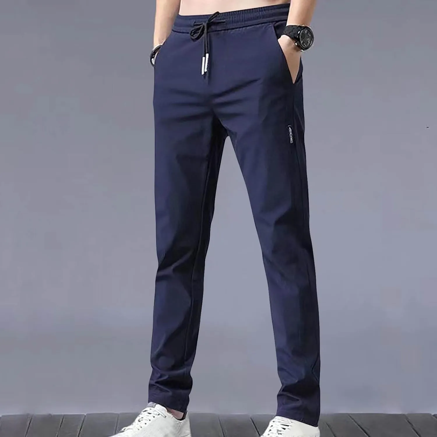 Men Slim Fit Straight Leg Pants Casual Elastic High Waist Lounge Pant Stylish Solid Athletic Workout Sport Trouser