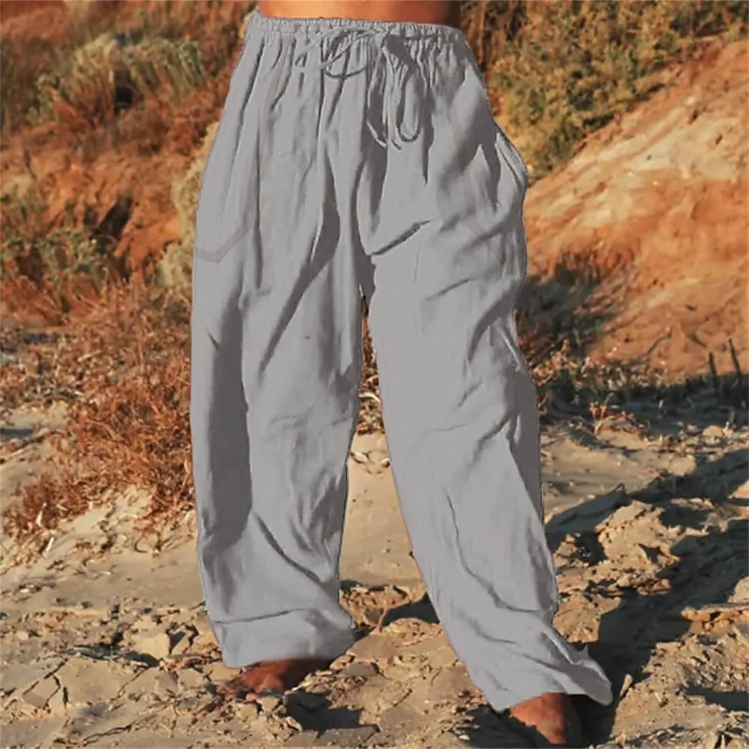 Mens Casual Cotton Linen Pleated Pants Elastic Waist Drawstrings Wide Leg Yoga Hippie Harem Pant Loose Fit Summer Trousers