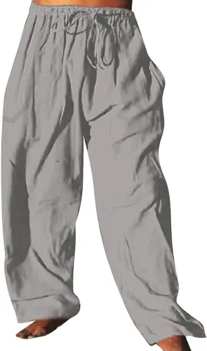 Mens Casual Cotton Linen Pleated Pants Elastic Waist Drawstrings Wide Leg Yoga Hippie Harem Pant Loose Fit Summer Trousers