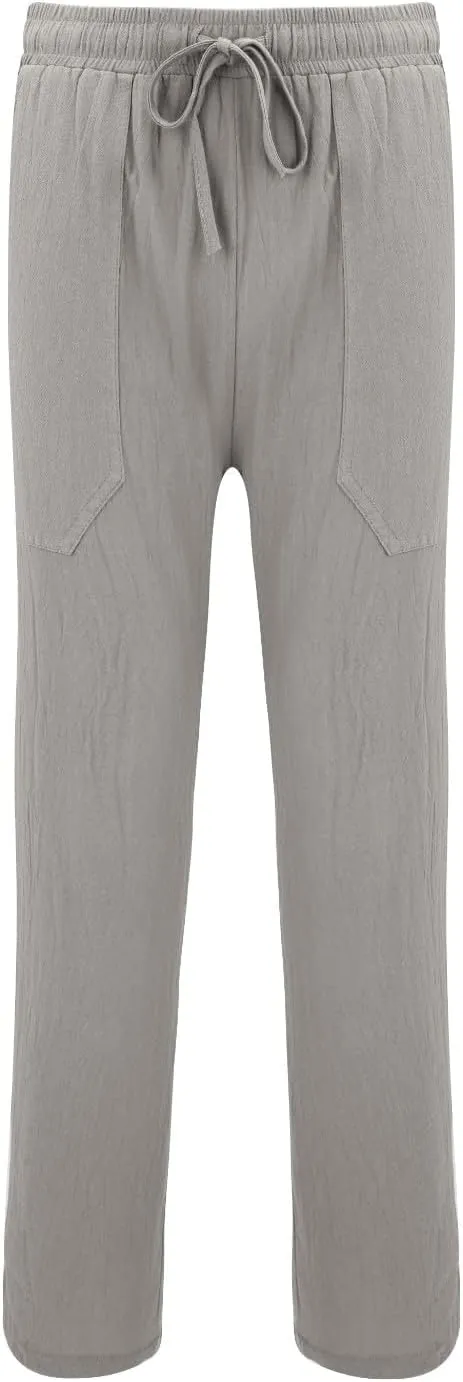 Mens Casual Cotton Linen Pleated Pants Elastic Waist Drawstrings Wide Leg Yoga Hippie Harem Pant Loose Fit Summer Trousers
