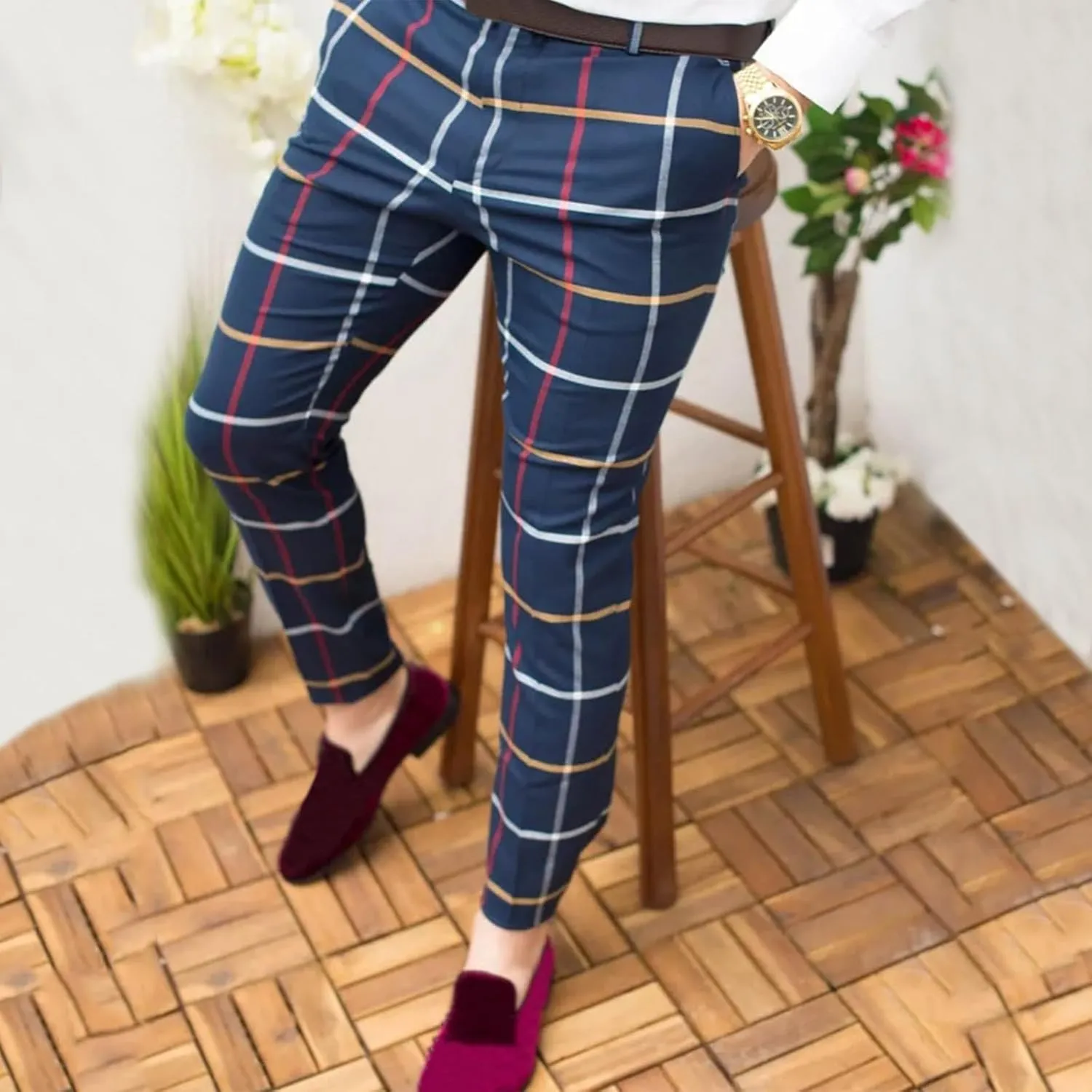 Mens Casual Plaid Pants Fashion Retro Tapered Stretch Slim Fit Business Dress Chino Pants Formal Lightweight Pants