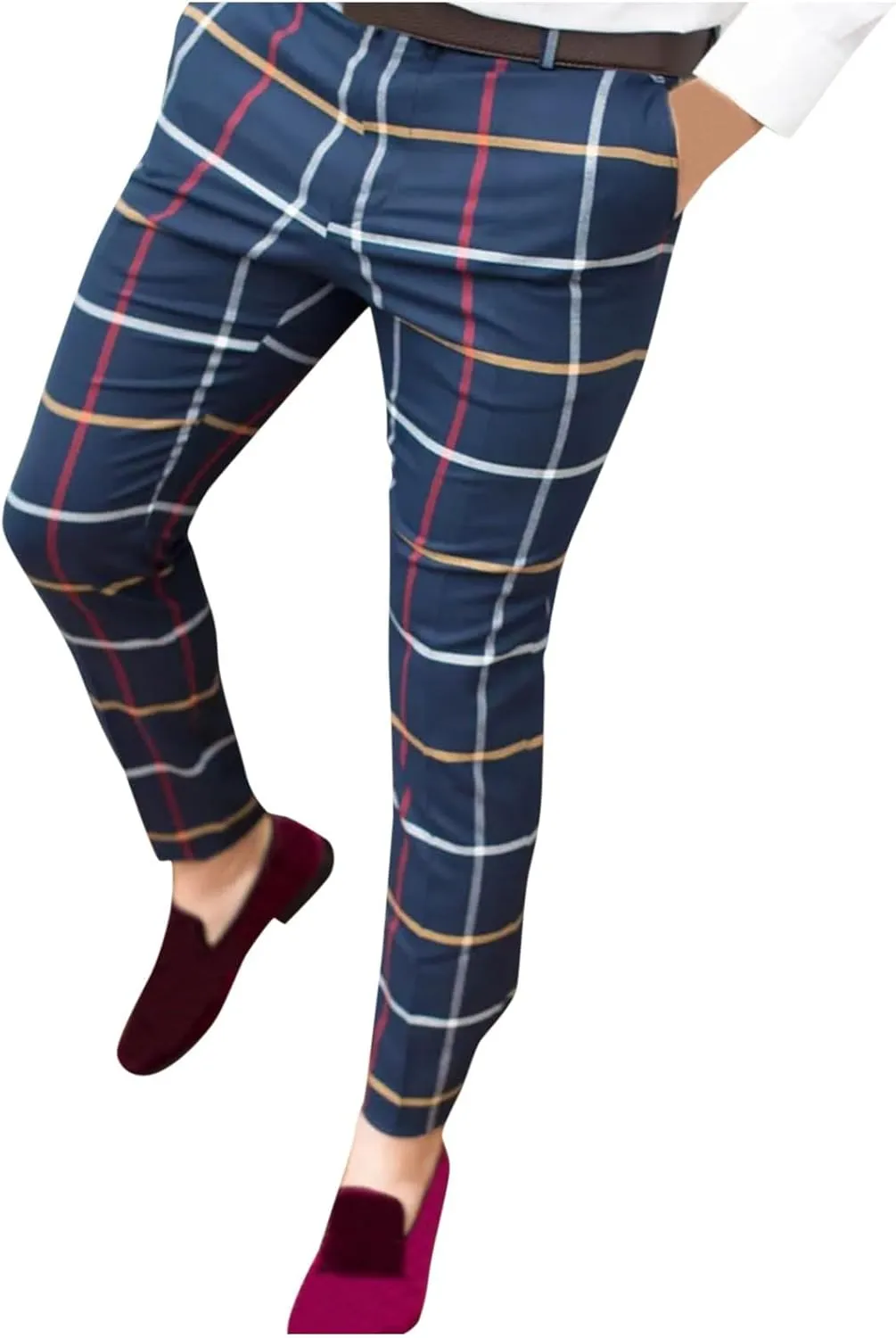 Mens Casual Plaid Pants Fashion Retro Tapered Stretch Slim Fit Business Dress Chino Pants Formal Lightweight Pants