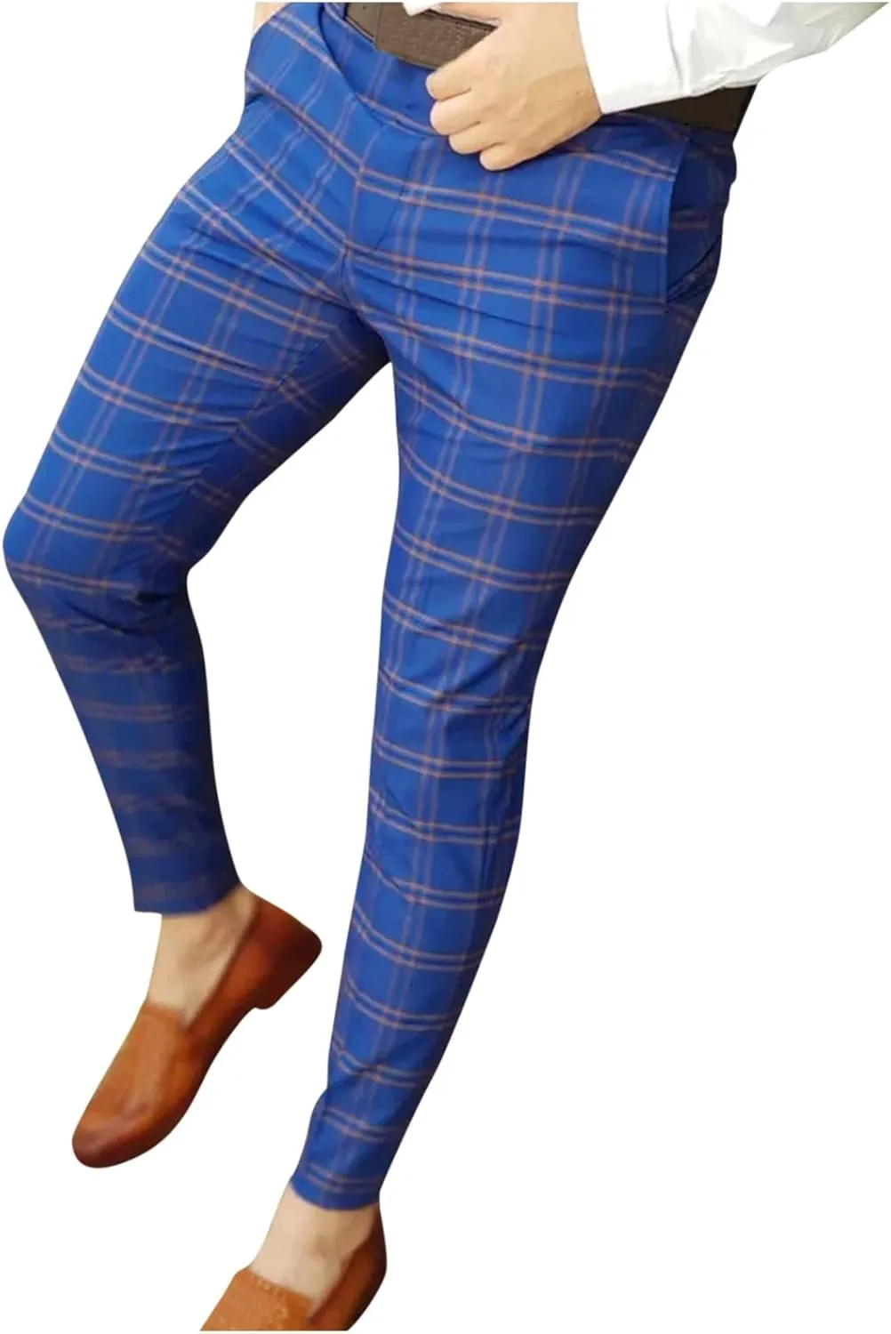 Mens Casual Plaid Pants Fashion Retro Tapered Stretch Slim Fit Business Dress Chino Pants Formal Lightweight Pants