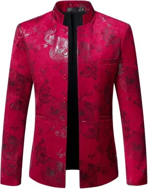 Men's Chinese Dragon Print Tunic Suit Mandarin Collar Slim Fit Suit Jacket Front Button Blazer Traditional Uniform