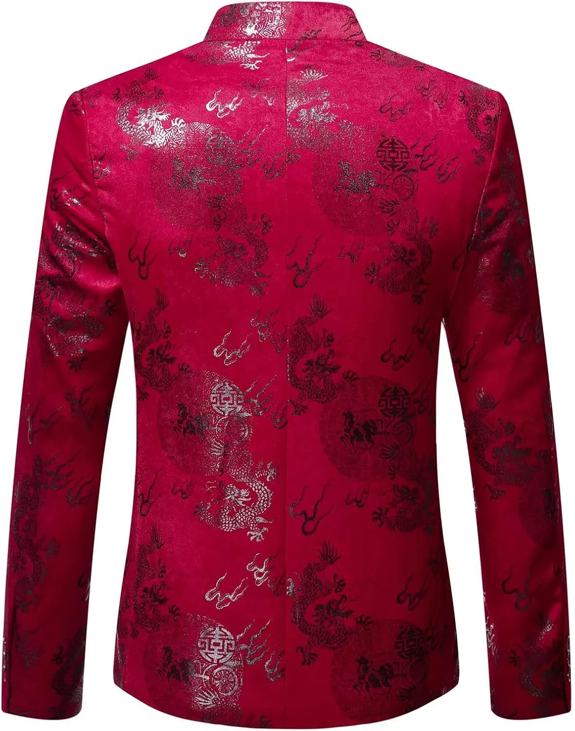 Men's Chinese Dragon Print Tunic Suit Mandarin Collar Slim Fit Suit Jacket Front Button Blazer Traditional Uniform