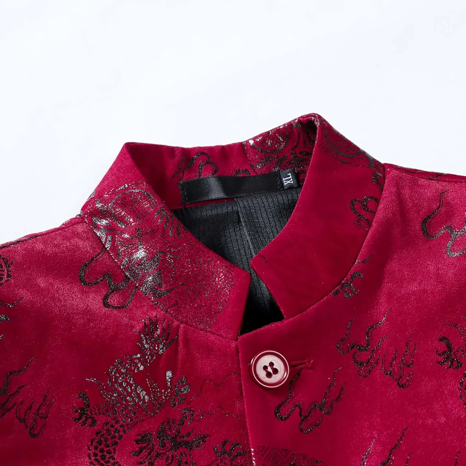 Men's Chinese Dragon Print Tunic Suit Mandarin Collar Slim Fit Suit Jacket Front Button Blazer Traditional Uniform