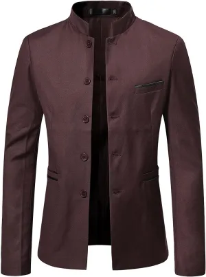 Men's Chinese Tunic Suits Mandarin Collar Formal Suit Jacket Solid Slim Fit Front Button Blazer Traditional Uniform