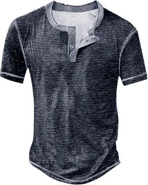 Mens Distressed Henley Shirts Short Sleeve Button Down V Neck T-Shirts Classic Golf Shirt Summer Slim Fit Casual Tops