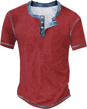Mens Distressed Henley Shirts Short Sleeve Button Down V Neck T-Shirts Classic Golf Shirt Summer Slim Fit Casual Tops