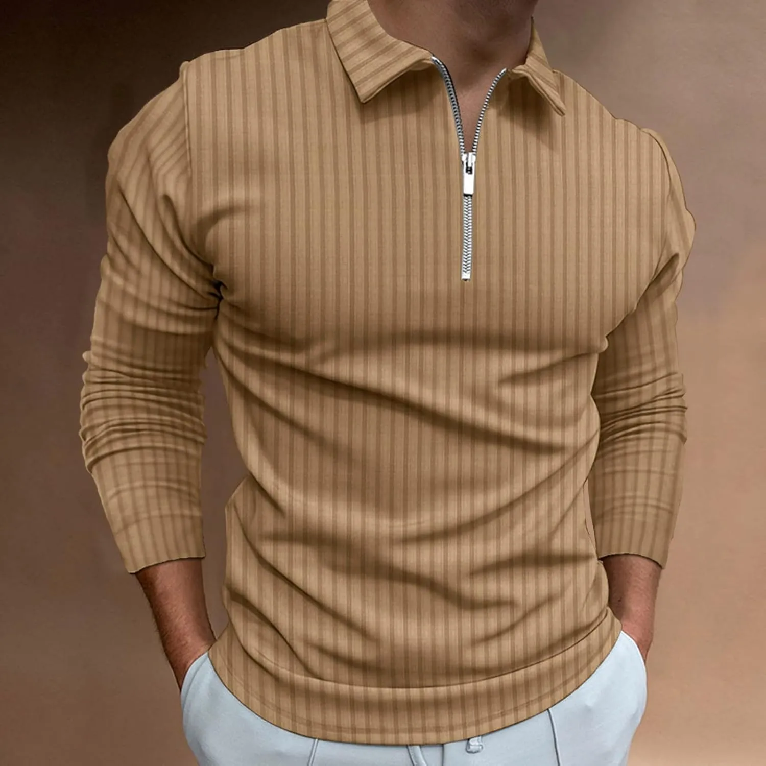 Men's Muscle T Shirt Stretch Long Sleeve Workout Shirts Slim Fit Casual Plain Tees Stylish Quarter Zip Polo Shirt