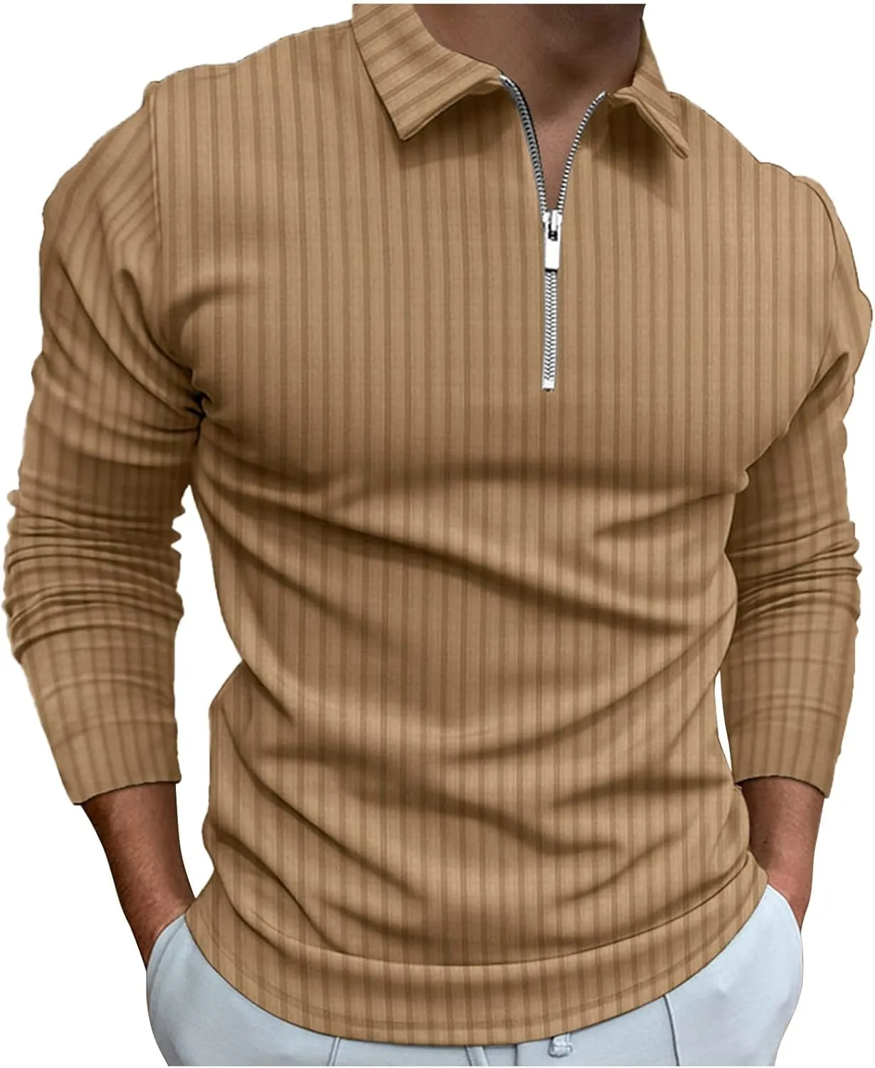 Men's Muscle T Shirt Stretch Long Sleeve Workout Shirts Slim Fit Casual Plain Tees Stylish Quarter Zip Polo Shirt