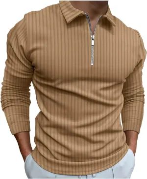 Men's Muscle T Shirt Stretch Long Sleeve Workout Shirts Slim Fit Casual Plain Tees Stylish Quarter Zip Polo Shirt