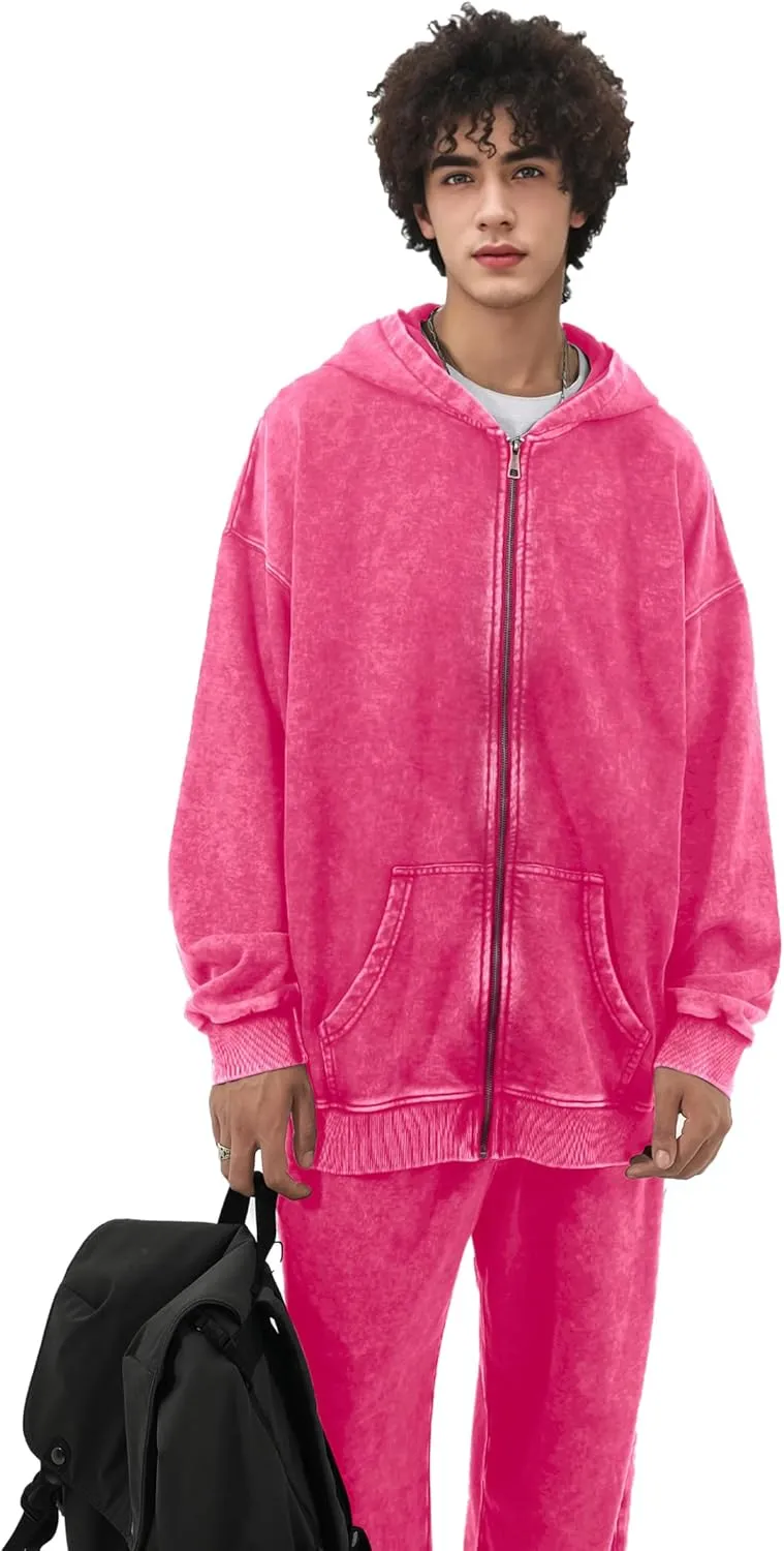 Mens Oversized Sweatshirt Zip Up Hoodie Solid Wash Old Craft Basic Jackets Unisex Heavyweight Casual Sweatshirts