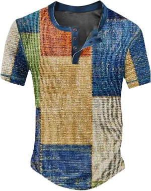 Men's Shirts Sleeved Casual Top Striped Plaid Retro Western Denim Print Button Men's T Shirt Top Polo White Tees