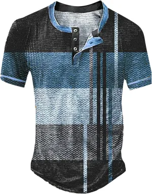 Men's Shirts Sleeved Casual Top Striped Plaid Retro Western Denim Print Button Men's T Shirt Top Polo White Tees