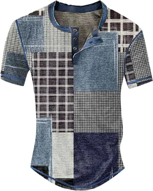 Men's Shirts Sleeved Casual Top Striped Plaid Retro Western Denim Print Button Men's T Shirt Top Polo White Tees