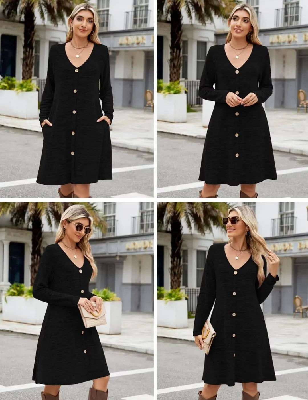 MONNURO Womens Plus Size Dresses Casual Swing Tunic Dress V Neck Button Lightweight Sweaters Dress Pockets