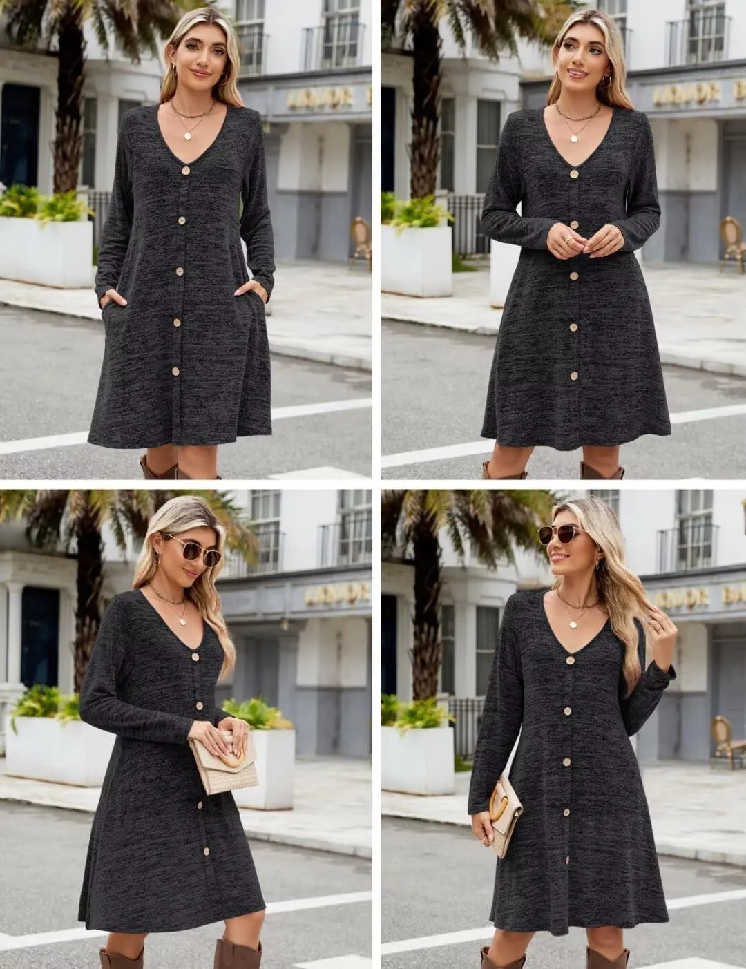 MONNURO Womens Plus Size Dresses Casual Swing Tunic Dress V Neck Button Lightweight Sweaters Dress Pockets