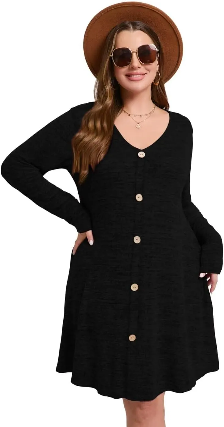 MONNURO Womens Plus Size Dresses Casual Swing Tunic Dress V Neck Button Lightweight Sweaters Dress Pockets