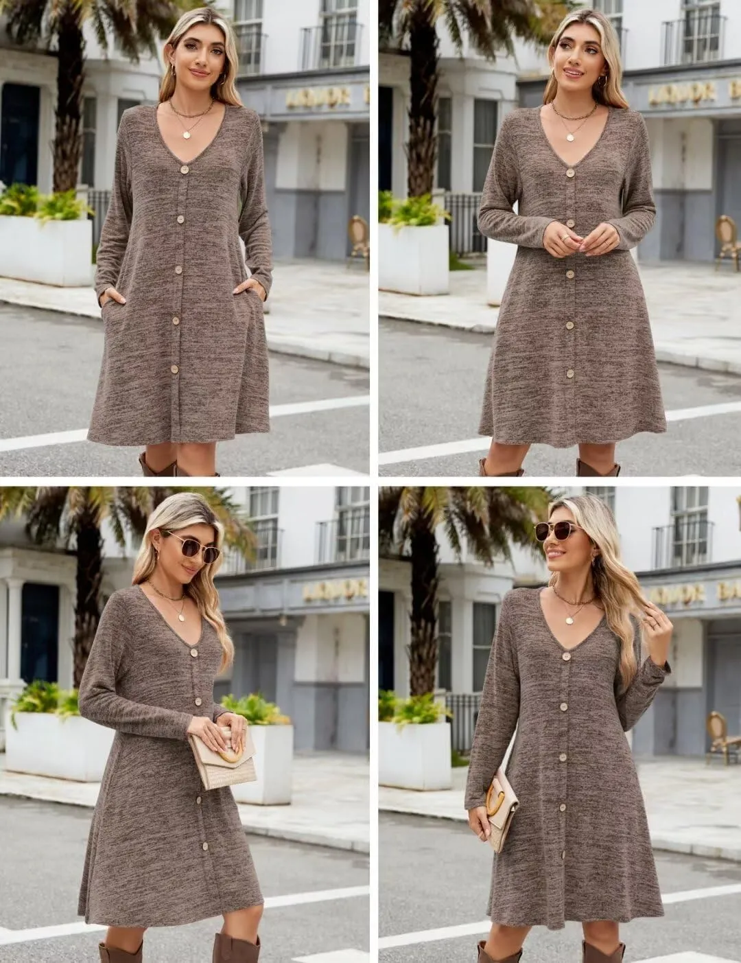 MONNURO Womens Plus Size Dresses Casual Swing Tunic Dress V Neck Button Lightweight Sweaters Dress Pockets