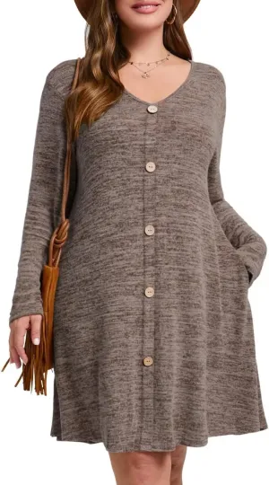 MONNURO Womens Plus Size Dresses Casual Swing Tunic Dress V Neck Button Lightweight Sweaters Dress Pockets