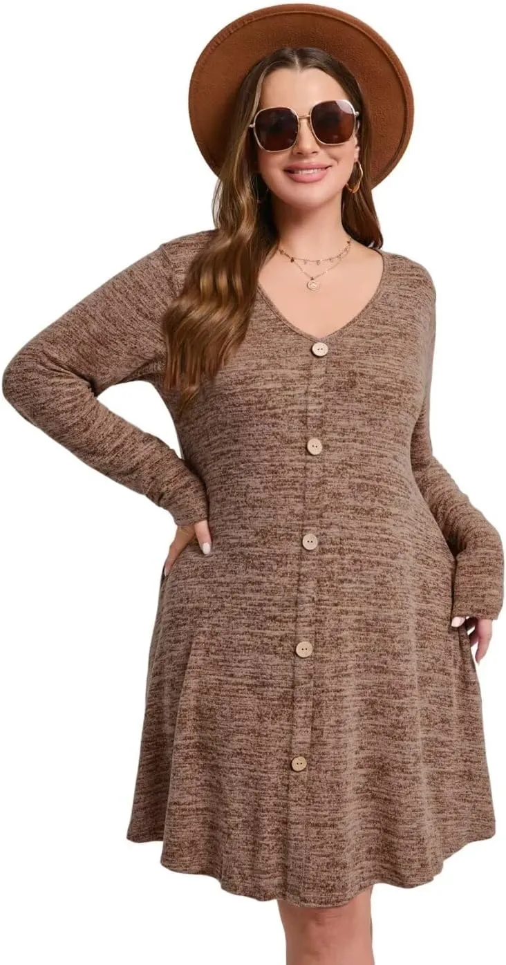 MONNURO Womens Plus Size Dresses Casual Swing Tunic Dress V Neck Button Lightweight Sweaters Dress Pockets