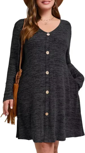 MONNURO Womens Plus Size Dresses Casual Swing Tunic Dress V Neck Button Lightweight Sweaters Dress Pockets