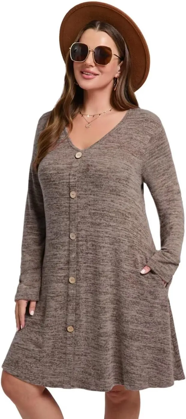 MONNURO Womens Plus Size Dresses Casual Swing Tunic Dress V Neck Button Lightweight Sweaters Dress Pockets