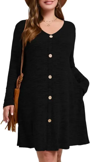MONNURO Womens Plus Size Dresses Casual Swing Tunic Dress V Neck Button Lightweight Sweaters Dress Pockets