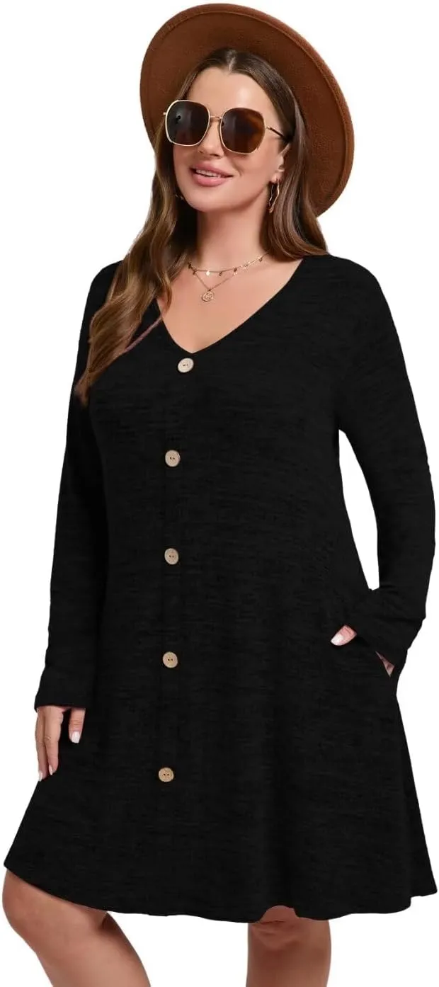 MONNURO Womens Plus Size Dresses Casual Swing Tunic Dress V Neck Button Lightweight Sweaters Dress Pockets