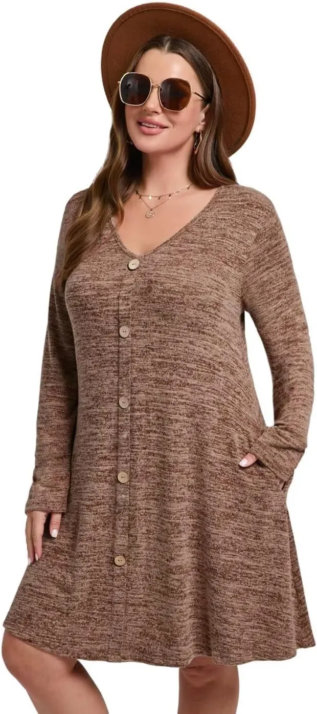 MONNURO Womens Plus Size Dresses Casual Swing Tunic Dress V Neck Button Lightweight Sweaters Dress Pockets