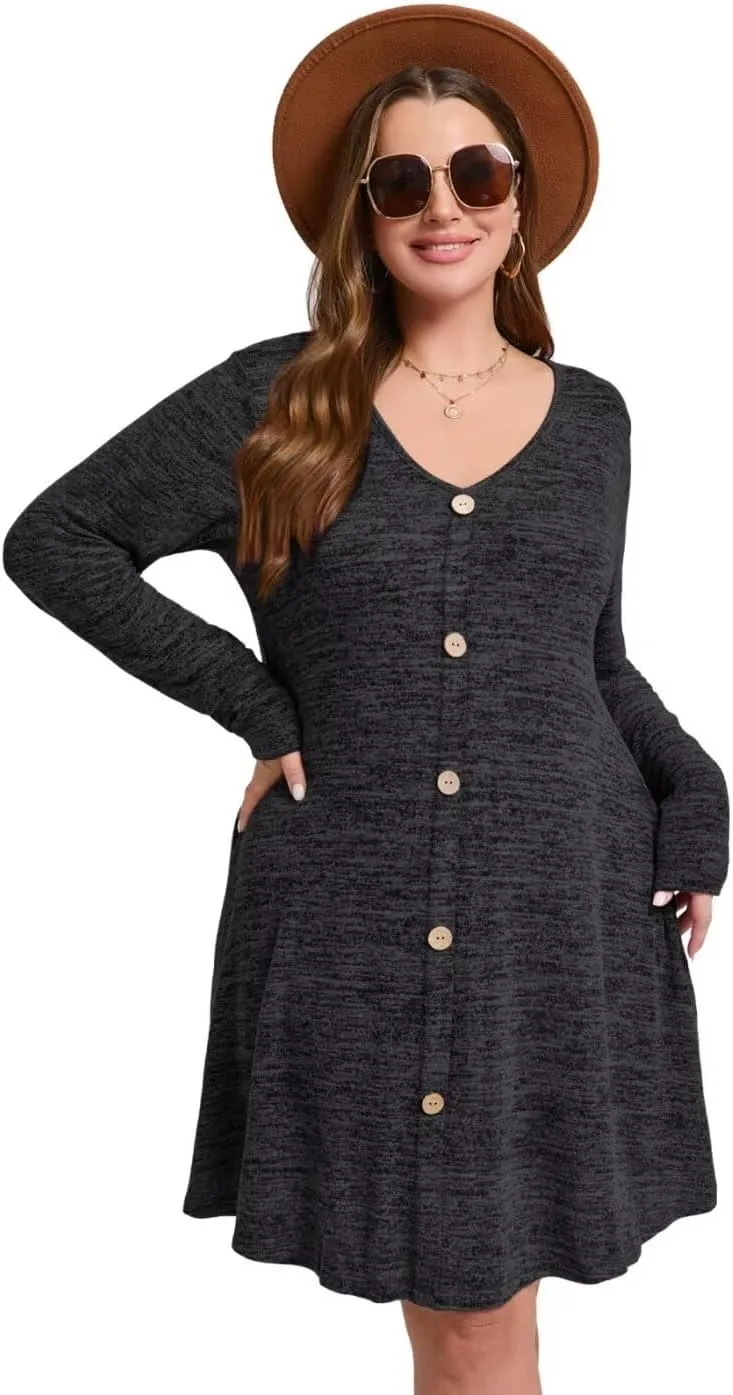 MONNURO Womens Plus Size Dresses Casual Swing Tunic Dress V Neck Button Lightweight Sweaters Dress Pockets