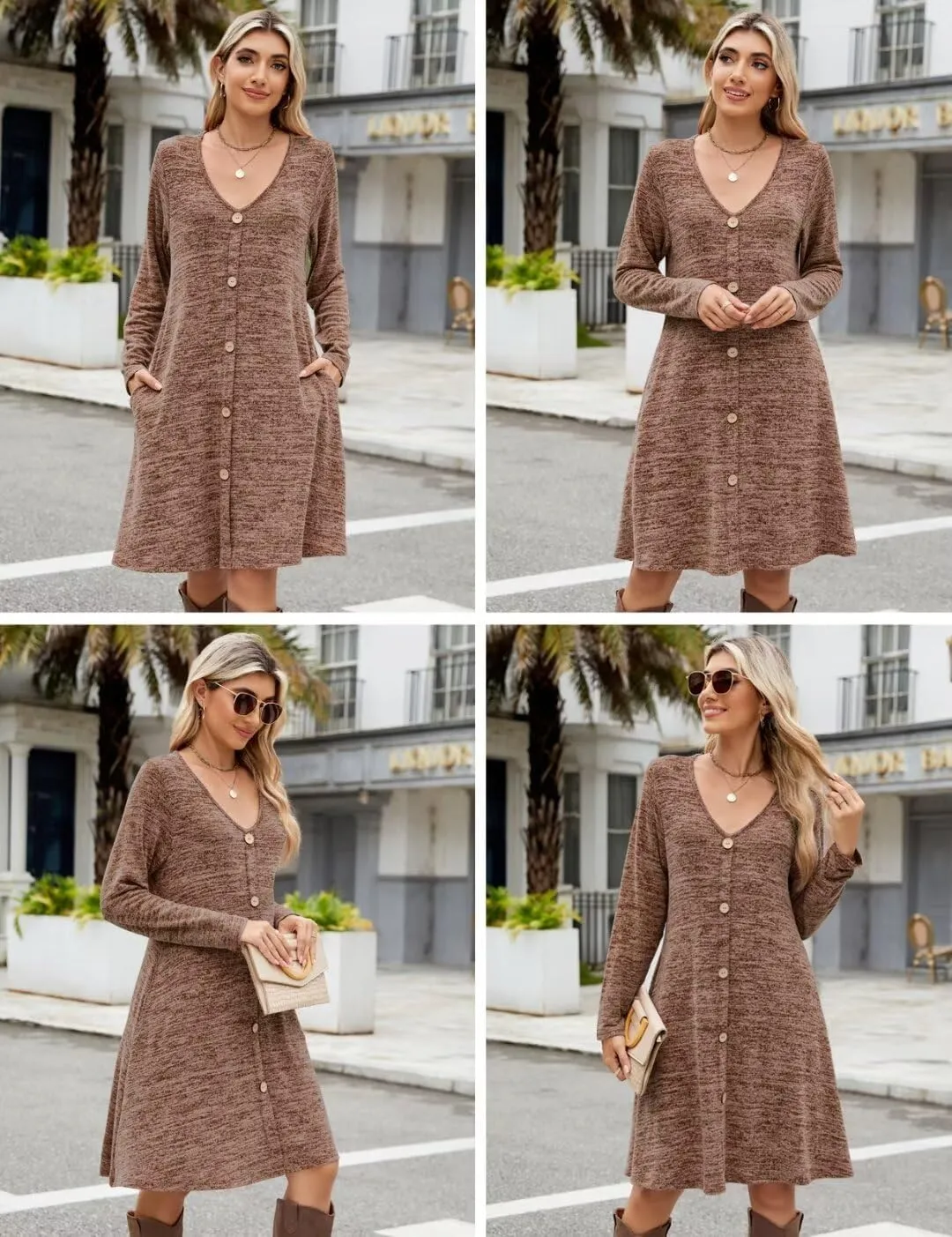 MONNURO Womens Plus Size Dresses Casual Swing Tunic Dress V Neck Button Lightweight Sweaters Dress Pockets