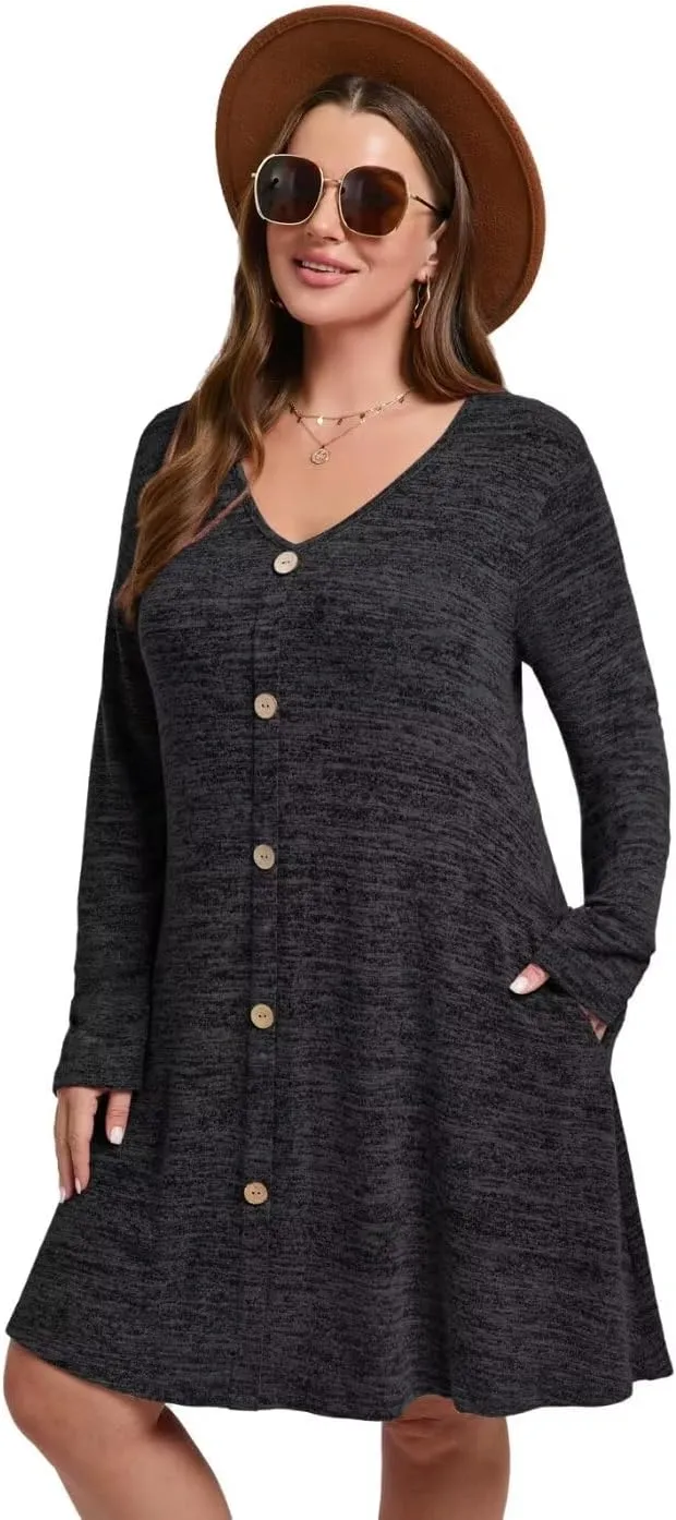MONNURO Womens Plus Size Dresses Casual Swing Tunic Dress V Neck Button Lightweight Sweaters Dress Pockets