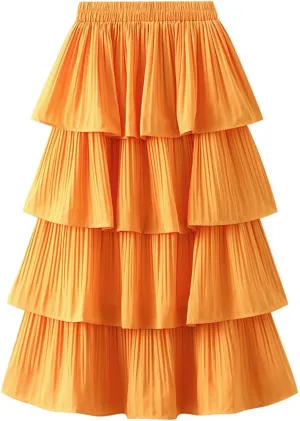 Multi-Layers Ruffle Skirt for Women A-line Flared Midi Tutu Pleated Skirts Fashion Party Wedding Skirt