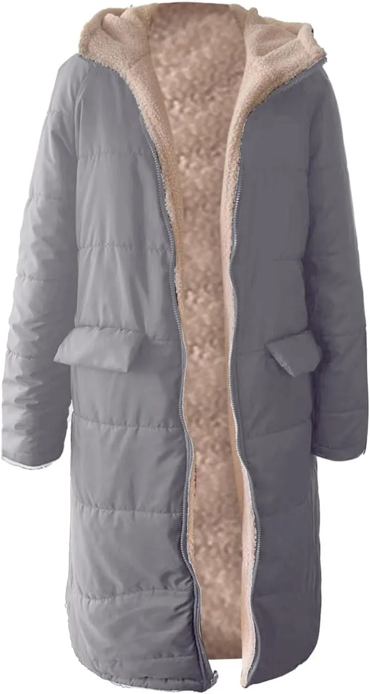 Muyise Women's Long Winter Down Coat Faux Fur Thicken Fleece Lined Parka Plus Size Warm Puffer Jacket Outerwear with Pockets