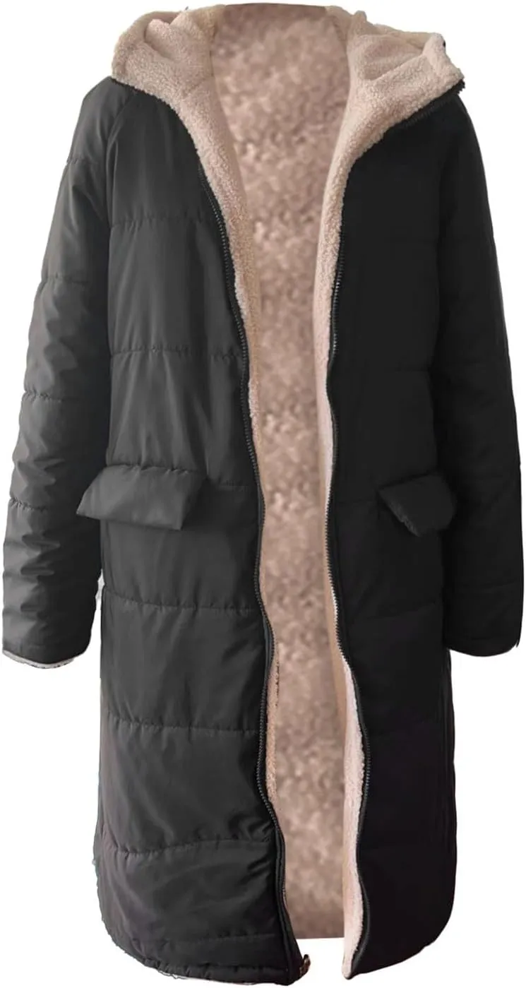 Muyise Women's Long Winter Down Coat Faux Fur Thicken Fleece Lined Parka Plus Size Warm Puffer Jacket Outerwear with Pockets