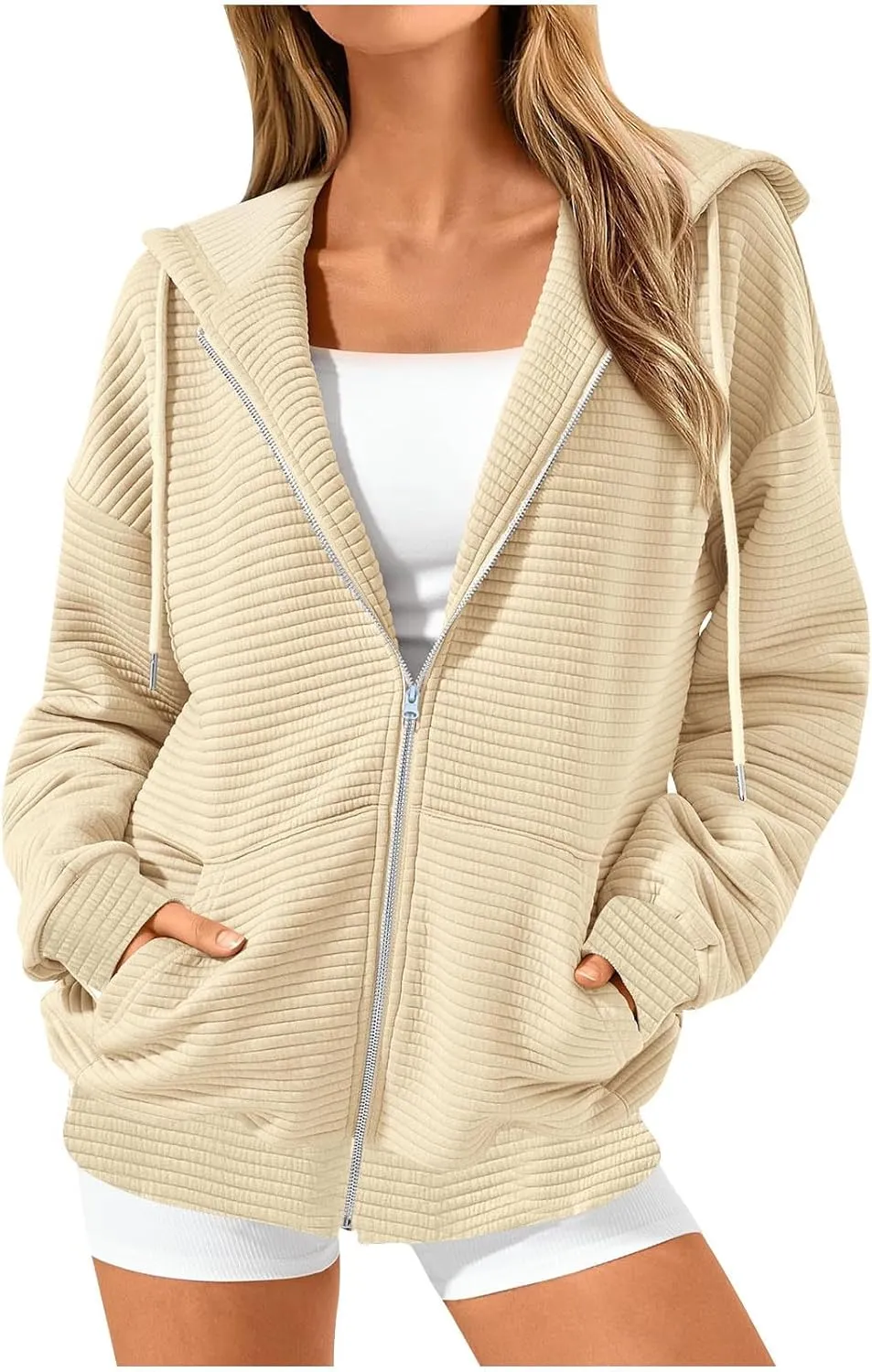 NaRHbrg Oversized Hoodies for Women Full Zip Up Long Sleeve Sweatshirts Casual Waffle Knit Drawstring Pullover Jackets Coat